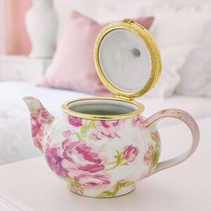 Baum Asian Pink Rose Floral Hinged Teapot Trinket Box Porcelain Shabby Chic